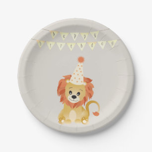 Cute Lion Wearing Party Hat Birthday Banner Roar Paper Plate