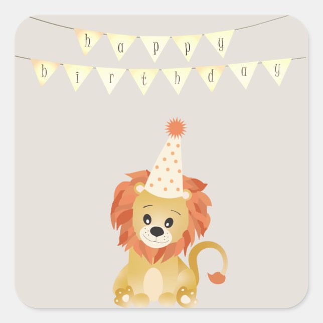 Cute Lion Wearing Party Hat Birthday Banner Roar Square Sticker (Front)