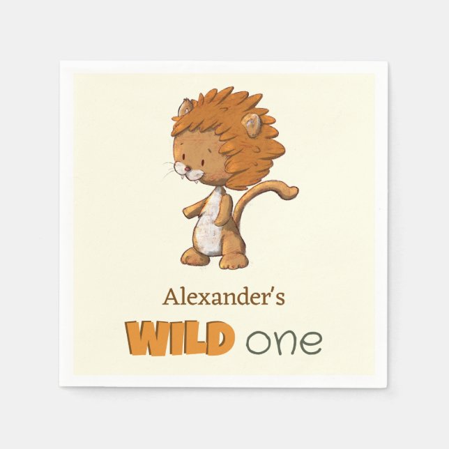 Cute Lion Wild One Birthday Napkin (Front)