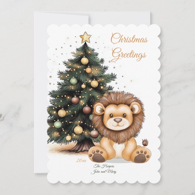 Cute Lion with Festive Tree Illustration Holiday Card (Front)