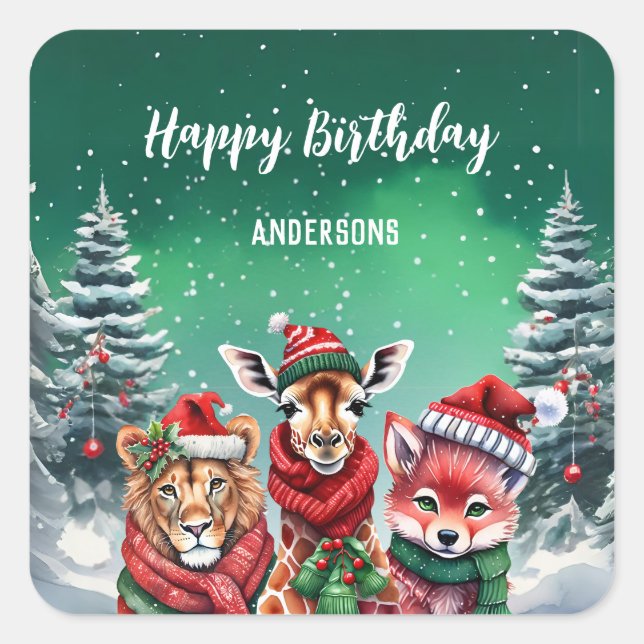 Cute lion zoo Christmas tree birthday girl party Square Sticker (Front)
