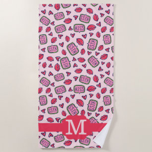 Cute Lips Kisses & Heart Doodles Pattern Monogram Beach Towel