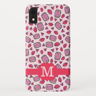 Cute Lips Kisses & Heart Doodles Pattern Monogram iPhone XR Case