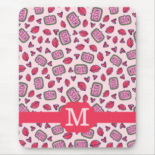 Cute Lips Kisses & Heart Doodles Pattern Monogram Mouse Mat