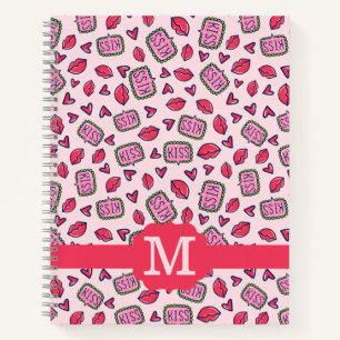 Cute Lips Kisses & Heart Doodles Pattern Monogram Notebook