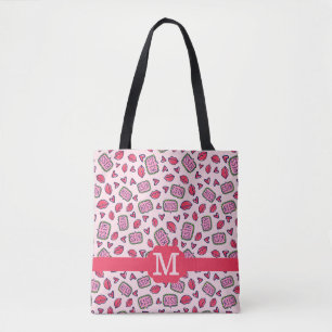 Cute Lips Kisses & Heart Doodles Pattern Monogram Tote Bag