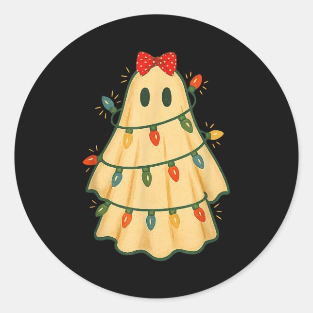 Cute Lit Ghost Christmas Tree Funny Gift Halloween Classic Round Sticker (Front)