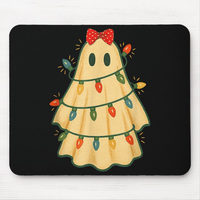 Cute Lit Ghost Christmas Tree Funny Gift Halloween Mouse Mat (Front)