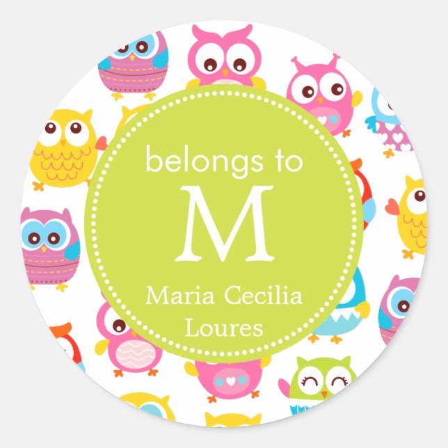 Cute Litte Owls Monogrammed Classic Round Sticker (Front)