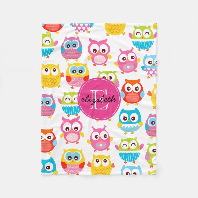 Cute Litte Owls Monogrammed Fleece Blanket (Front)