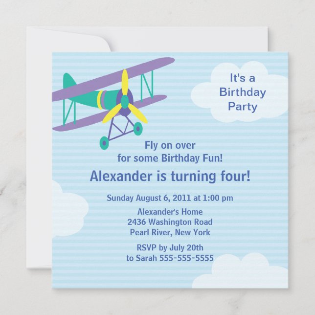 Cute Little Aeroplane Birthday Party Invitation (Front)