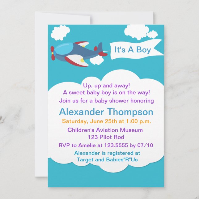 Cute Little Aeroplane Boy Baby Shower Invitation (Front)
