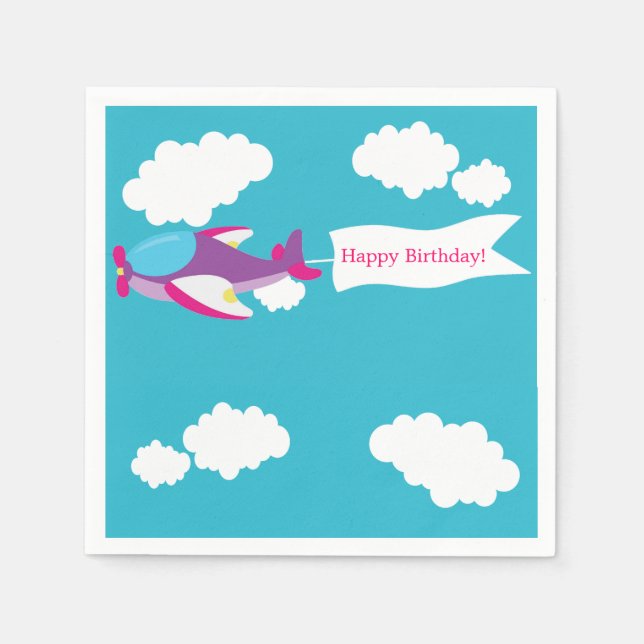 Cute Little Aeroplane Girl Birthday Paper Napkins (Front)