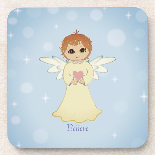 Cute Little Angel & Calligraphy on Light Blue Coaster (Front)
