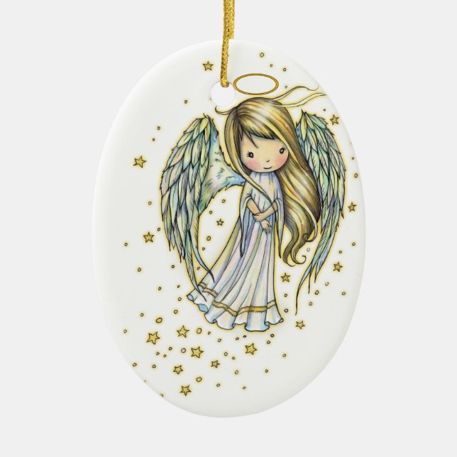 Cute Little Angel in the Stars Fantasy Art Ceramic Tree Decoration (Front)