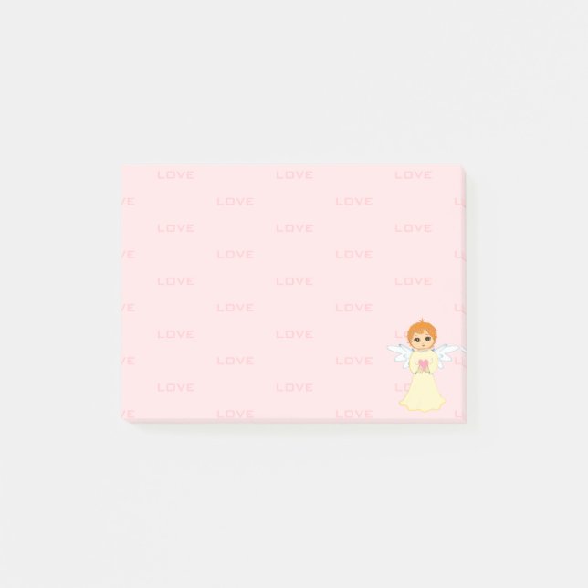 Cute Little Angel & Love Pattern on Pink Post-it Notes (Front)