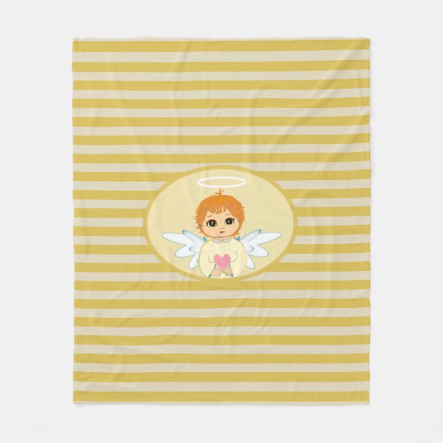 Cute Little Angel on Golden Striped Fleece Blanket (Front)