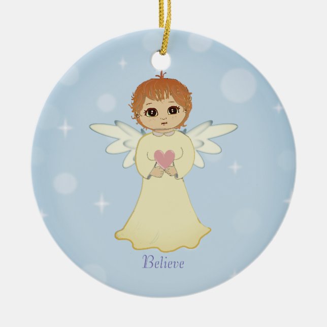 Cute little angel on light blue ceramic tree decoration (Front)
