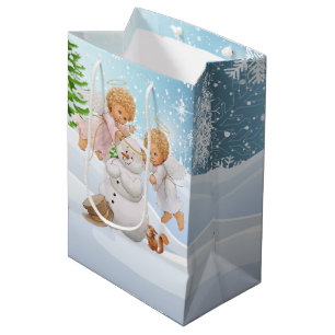 Cute Little Angels And Snowman Medium Gift Bag