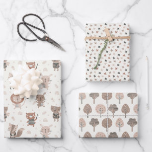 Cute little animals and trees in earth tones wrapping paper sheet