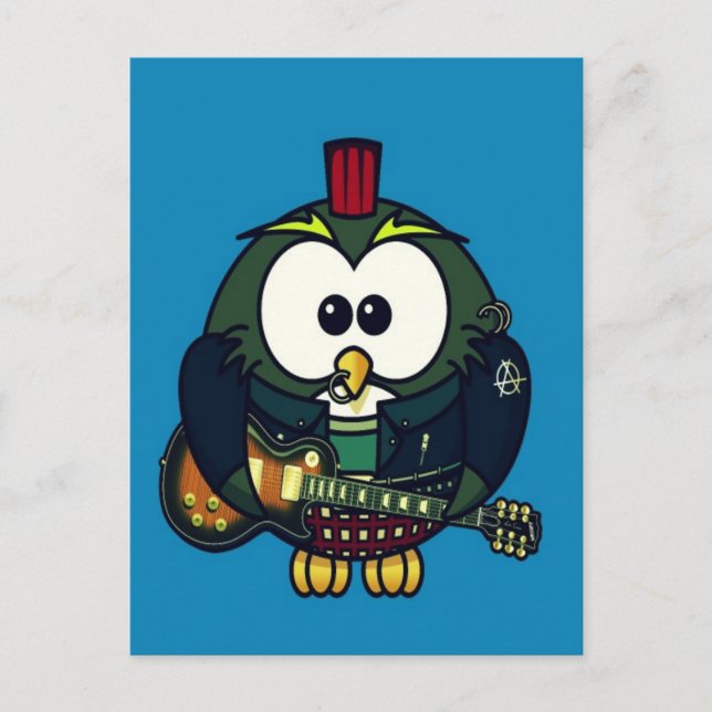 Cute little animated punk, rocker owl postcard (Front)