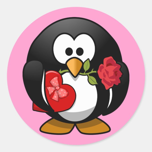 Cute little animated Valentine penguin Classic Round Sticker (Front)