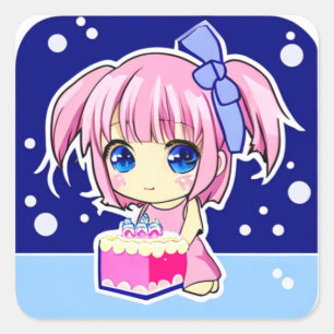 Cute Little Anime Girl with Birthday Cake Square Sticker