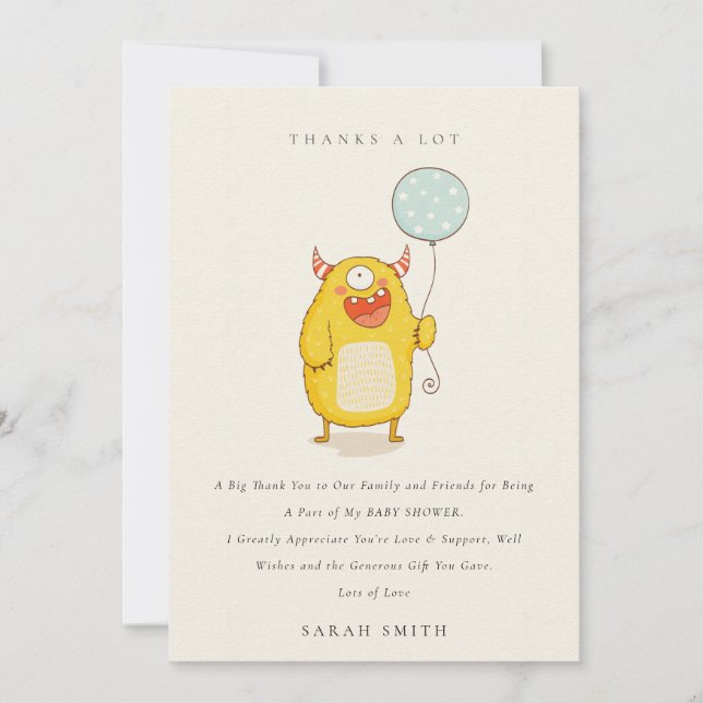 Cute Little Aqua Yellow Happy Monster Baby Shower Thank You Card (Front)