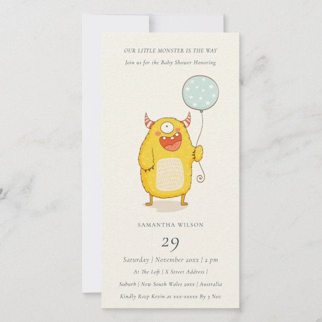 Cute Little Aqua Yellow Monster Baby Shower Invite (Front)