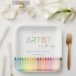 Cute Little Artist Crayon Fun Rainbow Baby Shower Paper Plate