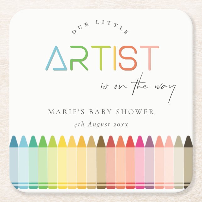 Cute Little Artist Crayon Fun Rainbow Baby Shower Square Paper Coaster (Front)