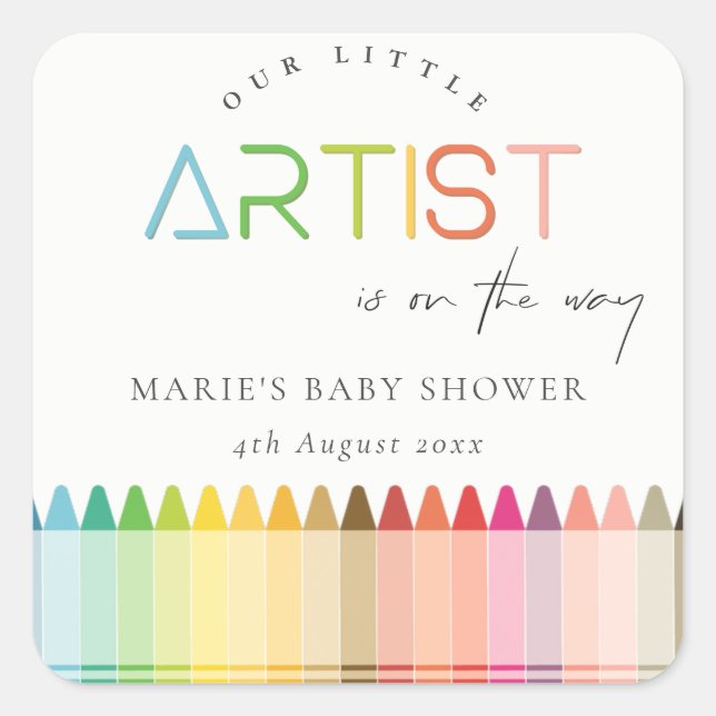 Cute Little Artist Crayon Fun Rainbow Baby Shower Square Sticker (Front)