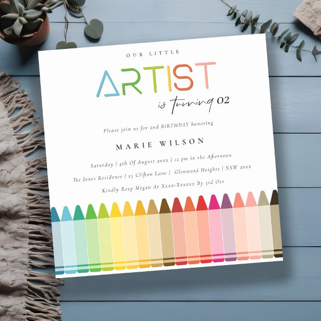 Cute Little Artist Crayon Rainbow Any Age Birthday Invitation (Creator Uploaded)
