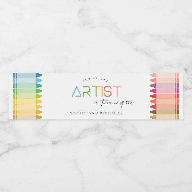 Cute Little Artist Crayon Rainbow Any Age Birthday Water Bottle Label (Single Label)