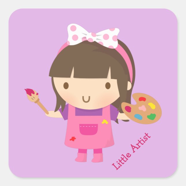 Cute Little Artist Painter Girl at Work Square Sticker (Front)
