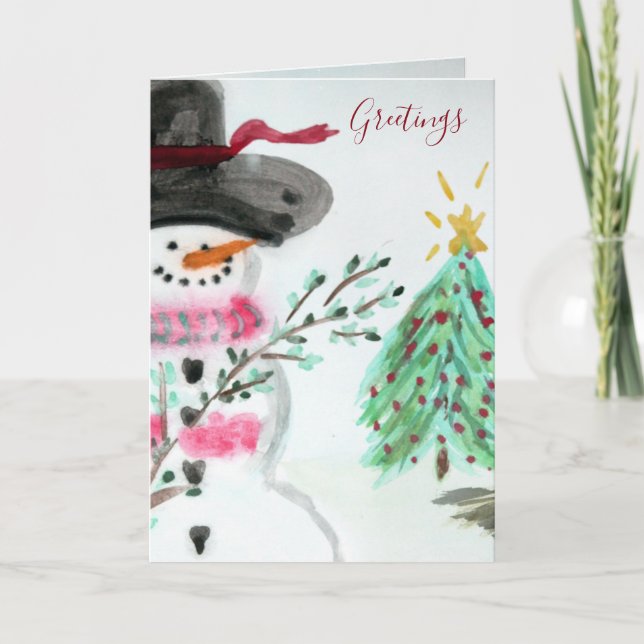 Cute Little Artistic Snowman Folded Holiday Card (Front)
