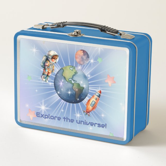 Cute Little Astronaut in Outer Space  Metal Lunch Box (Front)