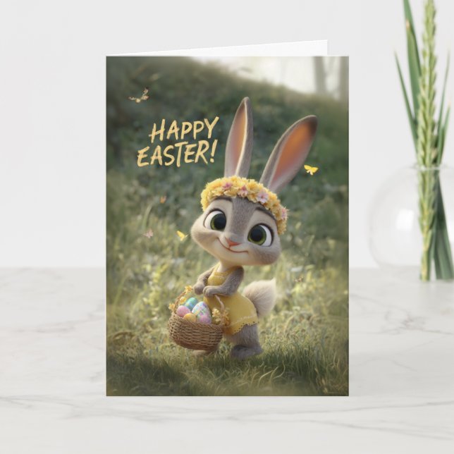 Cute Little Baby Bunny in a Yellow Dress Easter Card (Front)