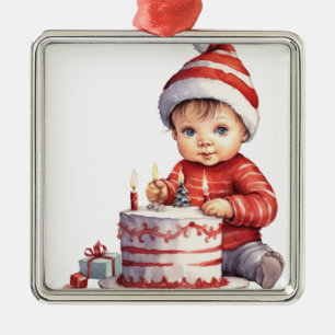 CUTE LITTLE BABY DRESSED IN RED WITH CAKE METAL TREE DECORATION