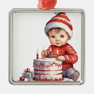 CUTE LITTLE BABY DRESSED IN RED WITH CAKE METAL TREE DECORATION