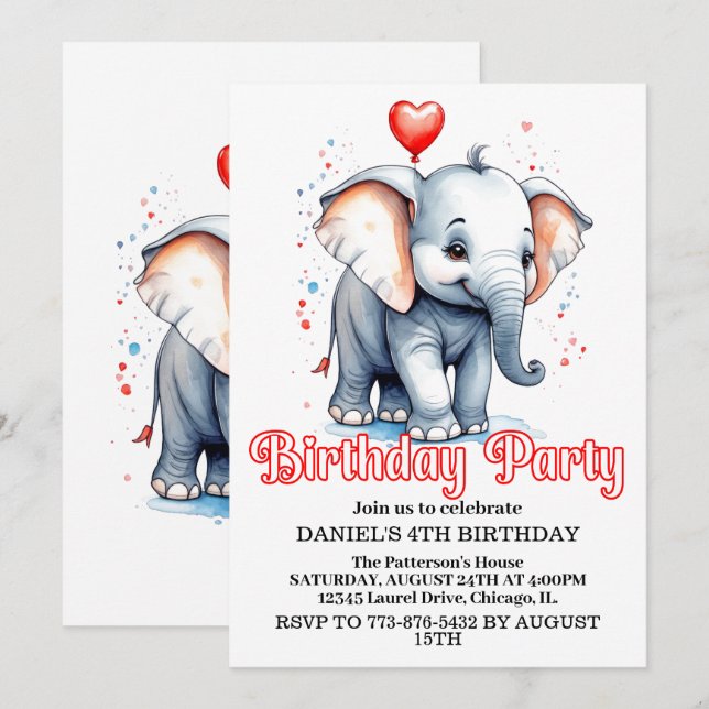 Cute Little Baby Elephant Birthday Party Invitation (Front/Back)