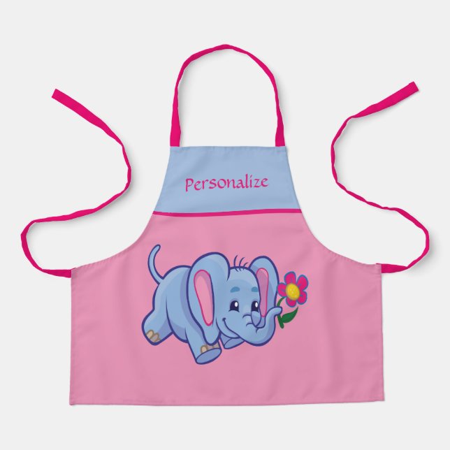 Cute Little Baby Elephant Flower Kids Personalised Apron (Front)