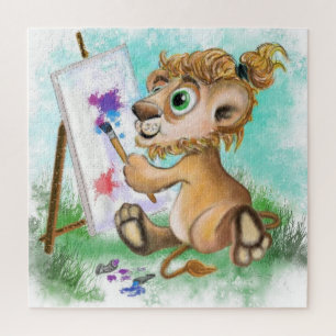 Cute Little Baby Lion Artist Paints Colourful Drea Jigsaw Puzzle