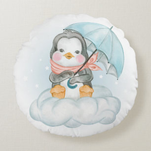 CUTE LITTLE BABY PENGUIN SITTING ON CLOUD ROUND CUSHION