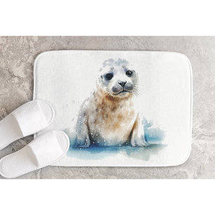 Cute little baby seal in white and blue bath mat