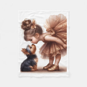 Cute Little Ballerina Girl and Puppy Fleece Baby B Blanket