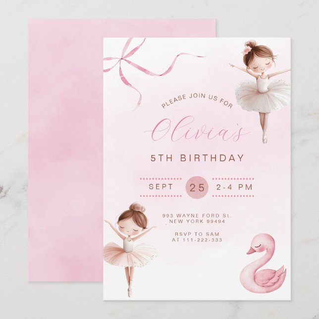 Cute Little Ballerina  Girl Birthday Invitation (Front/Back)