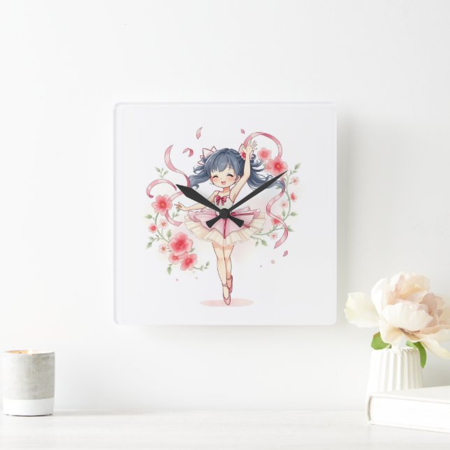 Cute little ballerina girl square wall clock (Home)