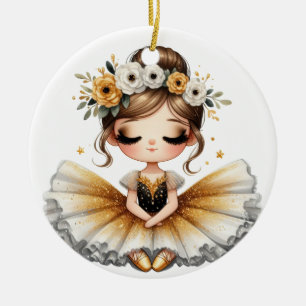 CUTE LITTLE BALLERINA IN BLACK AND GOLD TUTU CERAMIC TREE DECORATION