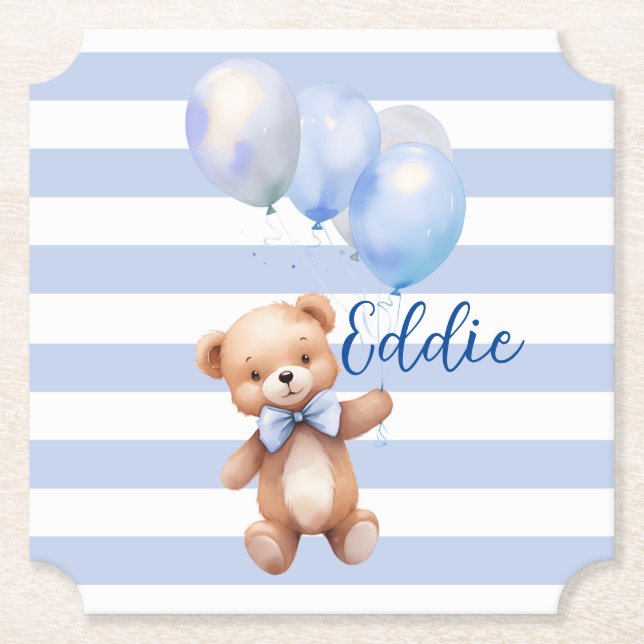 Cute Little Bear in Blue Paper Coaster (Front)